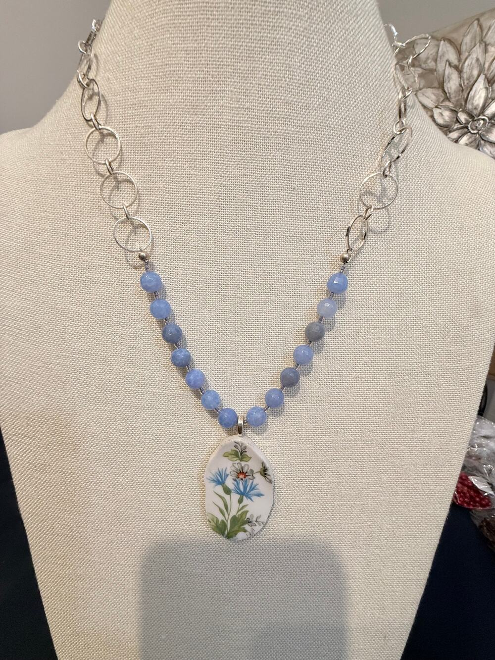 Silver Tone Floral Ceramic Pendant Blue Glass Bead Necklace